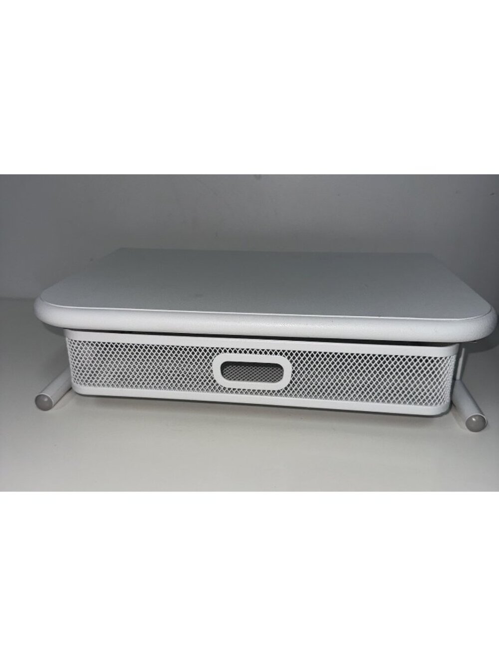 White Mesh Monitor Stand Desktop Organizer Riser With Drawer Metal Brightroom